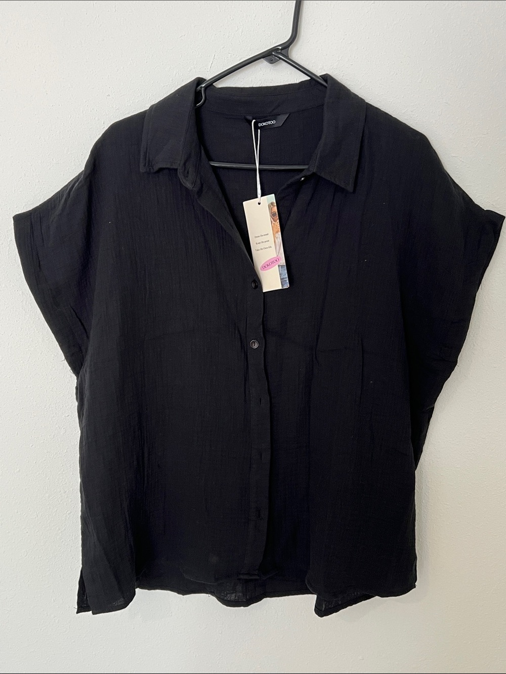 Dokotoo Black Linen Button-Front Short Muscle Sleeve Shirt